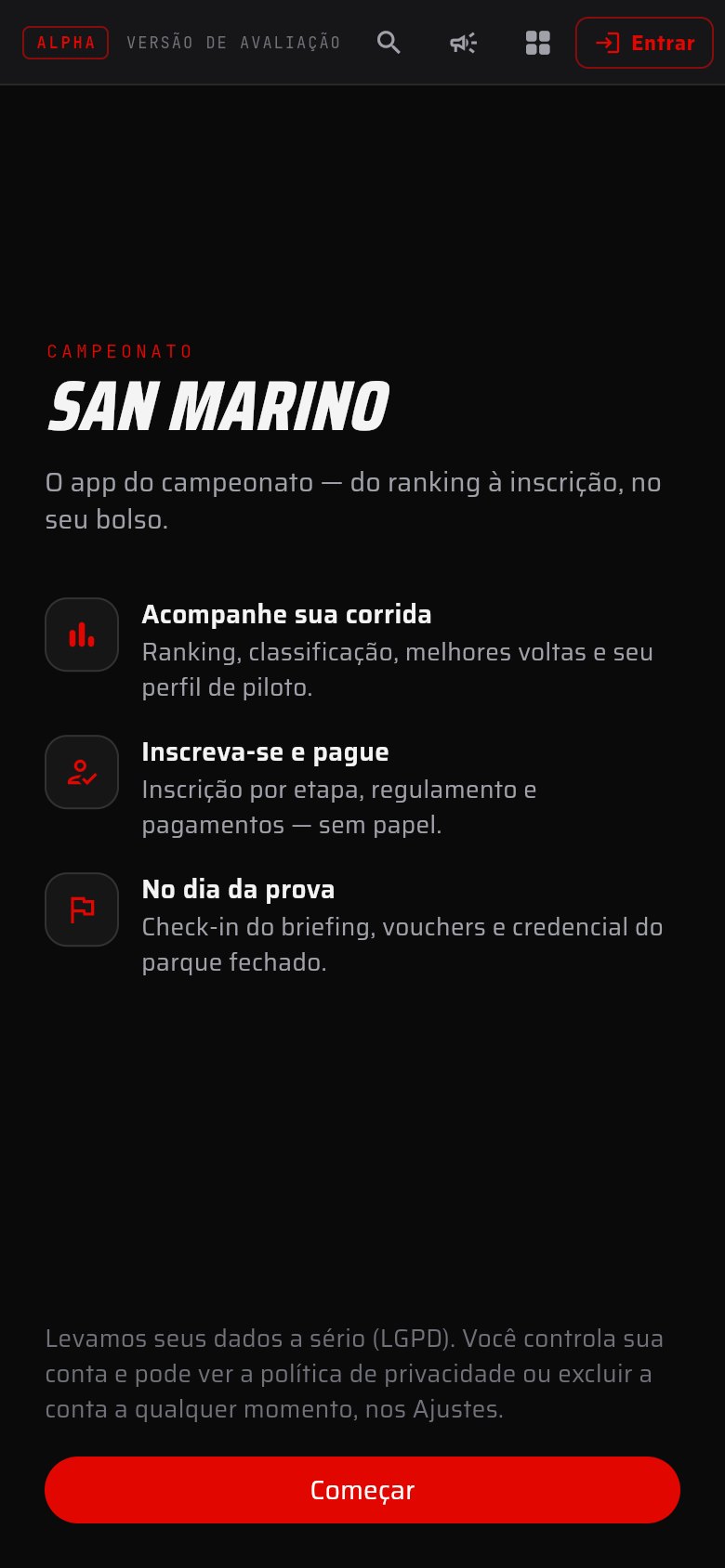 Tela de boas-vindas do App do Campeonato San Marino na versão de avaliação: o nome do campeonato e as três funções principais, acompanhar a corrida, inscrever-se e pagar, e o dia da prova.